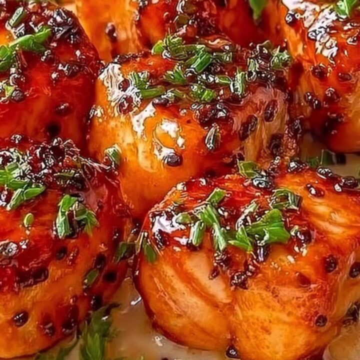 Close-up of golden seared salmon bites drizzled with creamy orange bang bang sauce on a white plate.