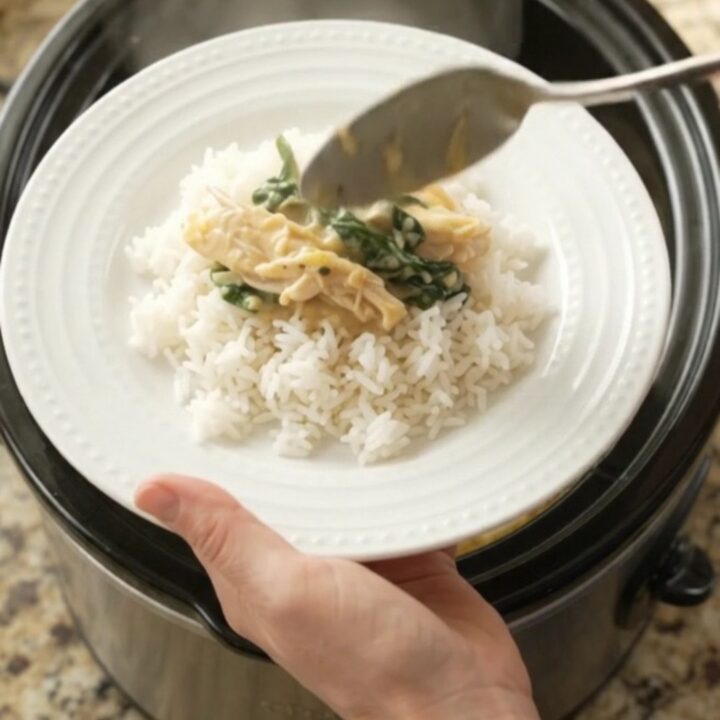 Creamy cheddar spinach artichoke chicken in a slow cooker, topped with melted cheese and fresh herbs.