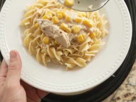 Creamy Crockpot chicken and sweet corn with Parmesan sauce in a slow cooker