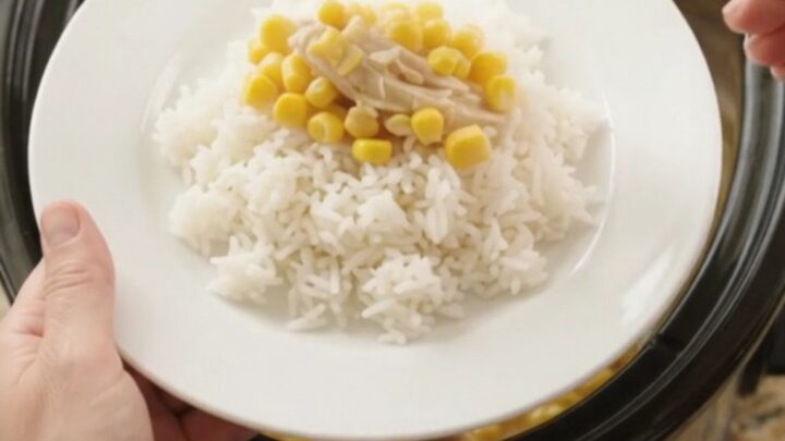 Creamy cheddar sweet corn chicken in a slow cooker, with a spoon lifting a steaming scoop.