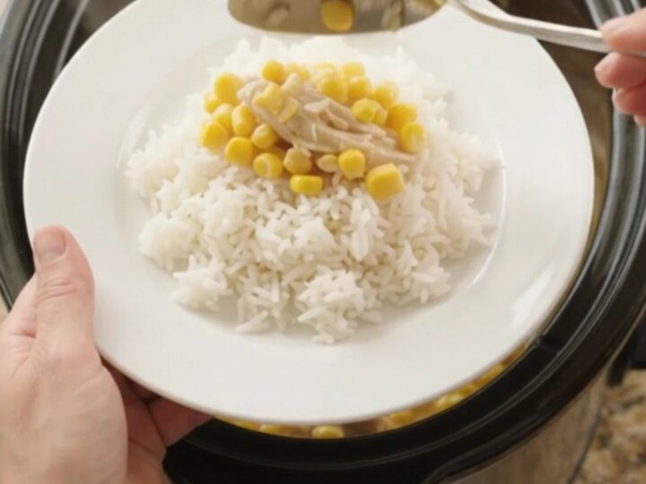 Creamy cheddar sweet corn chicken in a slow cooker, with a spoon lifting a steaming scoop.