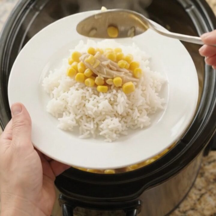 Creamy cheddar sweet corn chicken in a slow cooker, with a spoon lifting a steaming scoop.