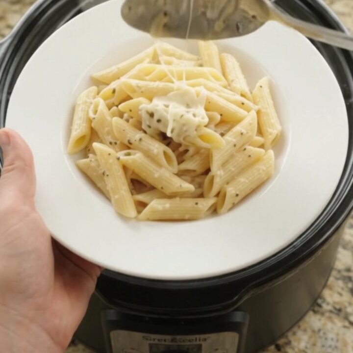Creamy mozzarella sweet corn chicken in a slow cooker with a spoon lifting a cheesy scoop