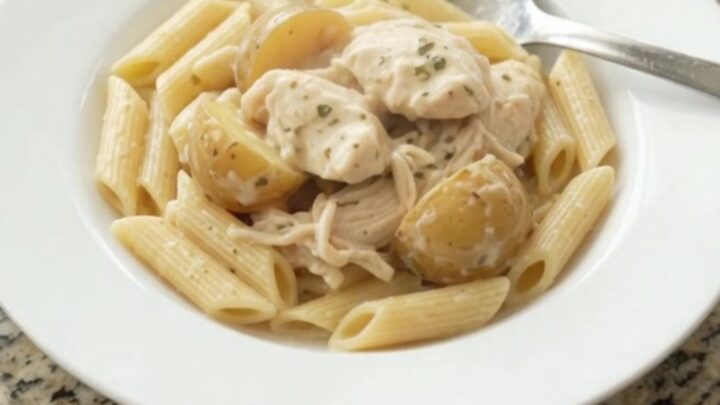 Creamy mozzarella chicken and baby potatoes in a slow cooker, topped with melted cheese and garlic butter.