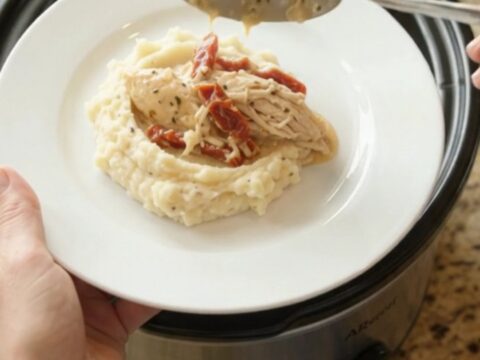 Slow cooker creamy Swiss sun-dried tomato chicken with bubbling sauce and melted cheese