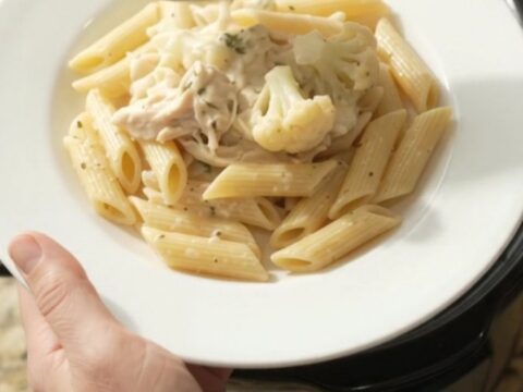 Creamy mozzarella cauliflower chicken in a slow cooker