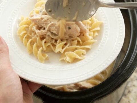 Creamy Parmesan French Onion Chicken in a slow cooker, with shredded chicken and golden onions in a thick sauce.
