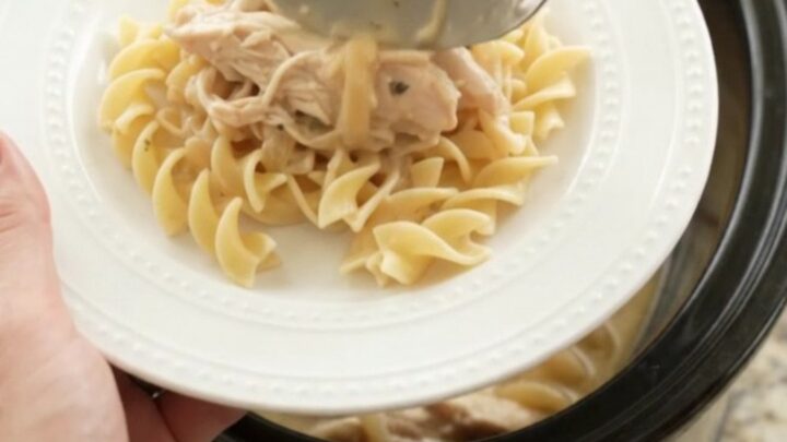 Creamy Parmesan French Onion Chicken in a slow cooker, with shredded chicken and golden onions in a thick sauce.