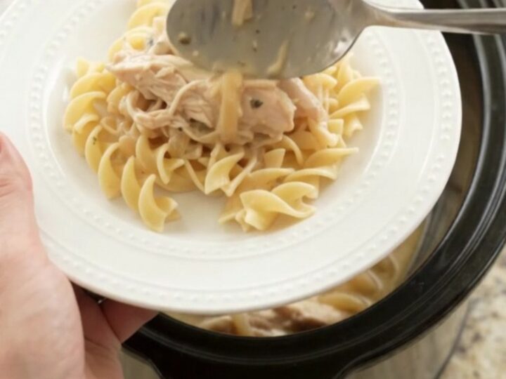 Creamy Parmesan French Onion Chicken in a slow cooker, with shredded chicken and golden onions in a thick sauce.