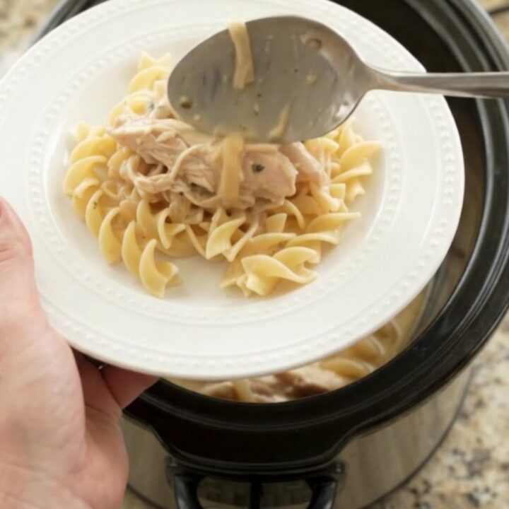 Creamy Parmesan French Onion Chicken in a slow cooker, with shredded chicken and golden onions in a thick sauce.