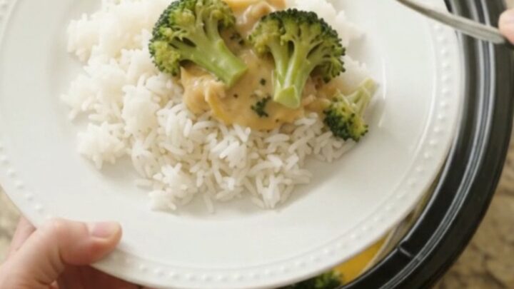 Slow cooker filled with creamy cheddar broccoli chicken thighs
