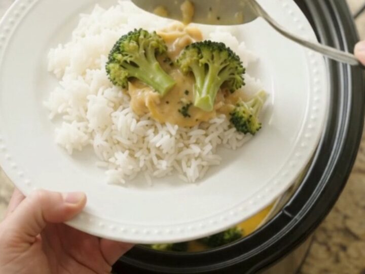 Slow cooker filled with creamy cheddar broccoli chicken thighs