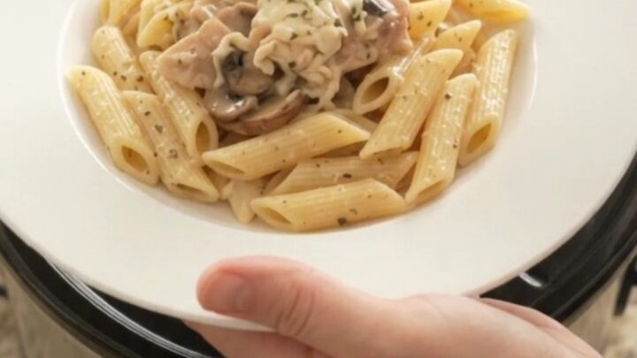 Slow cooker full of creamy mozzarella mushroom chicken thighs, bubbling and steaming.