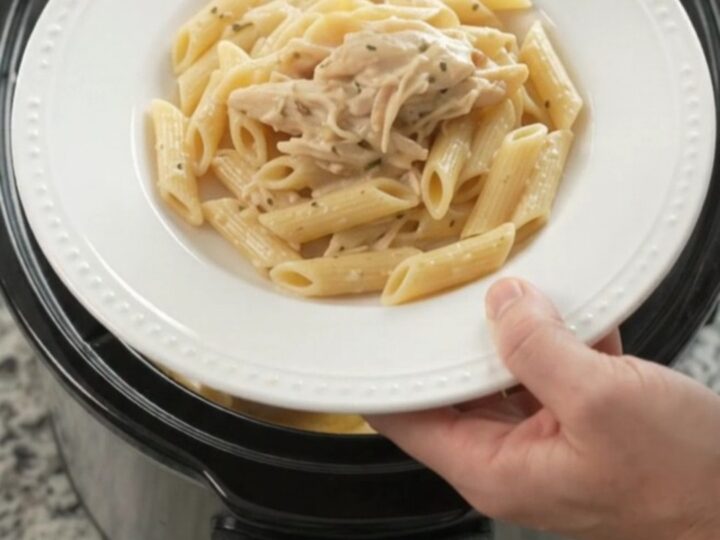 Creamy mozzarella French onion chicken in a slow cooker, with tender shredded chicken and melted cheese