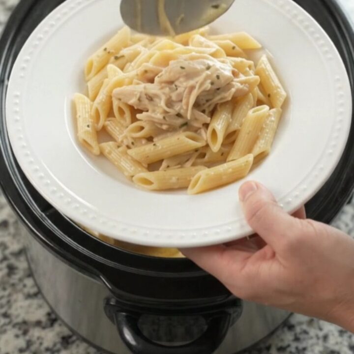 Creamy mozzarella French onion chicken in a slow cooker, with tender shredded chicken and melted cheese