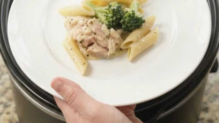 Slow cooker filled with creamy mozzarella broccoli chicken thighs, bubbling in a rich garlic sauce