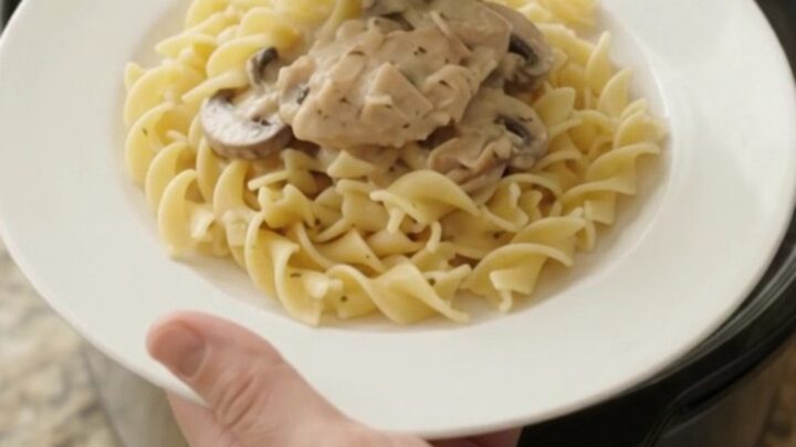 Creamy Parmesan mushroom chicken thighs in a slow cooker, with a velvety white gravy and mushrooms.