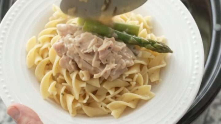 Creamy slow cooker chicken thighs with asparagus in a Parmesan sauce, served in a black crockpot