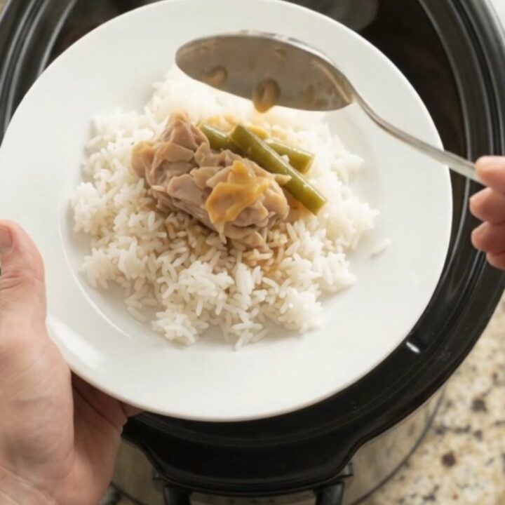 Slow cooker chicken thighs with green beans in a creamy cheddar sauce