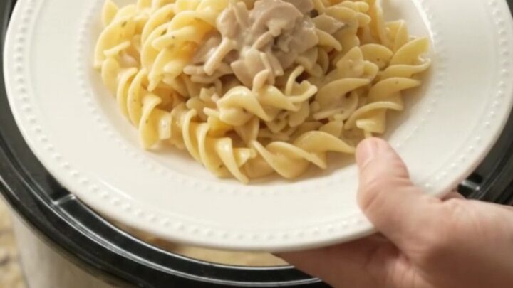Slow cooker full of creamy Parmesan sweet corn chicken thighs, with a spoon lifting a saucy bite.