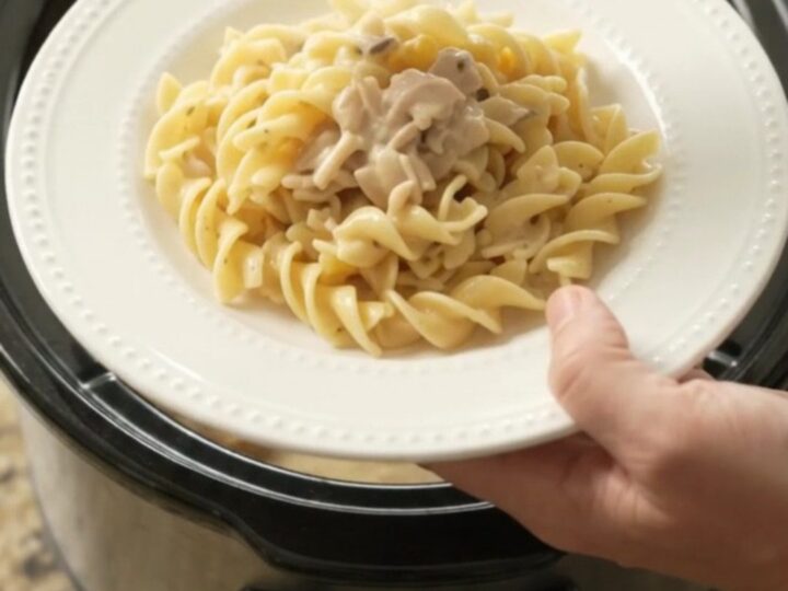 Slow cooker full of creamy Parmesan sweet corn chicken thighs, with a spoon lifting a saucy bite.