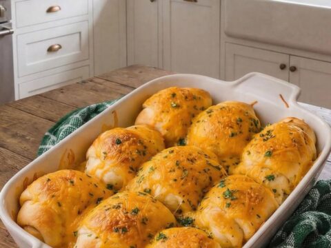 Eight golden brown chicken crescent rolls arranged in a white baking dish on a rustic wooden surface.