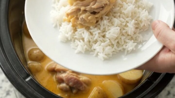 Creamy cheddar chicken thighs and potatoes in a slow cooker, topped with melted cheese and steam rising