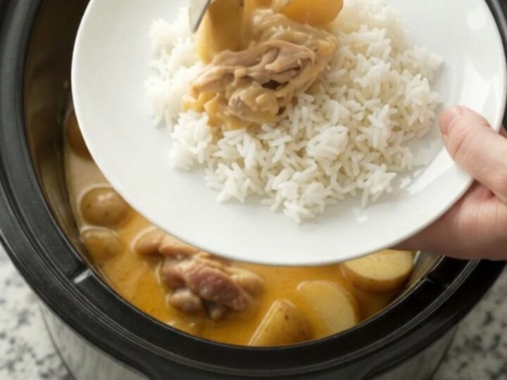 Creamy cheddar chicken thighs and potatoes in a slow cooker, topped with melted cheese and steam rising
