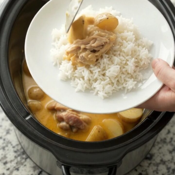 Creamy cheddar chicken thighs and potatoes in a slow cooker, topped with melted cheese and steam rising