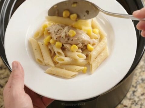 A slow cooker filled with creamy chicken and corn, topped with melted mozzarella, steam rising