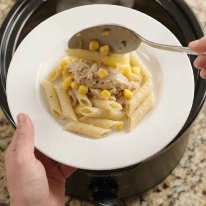 A slow cooker filled with creamy chicken and corn, topped with melted mozzarella, steam rising