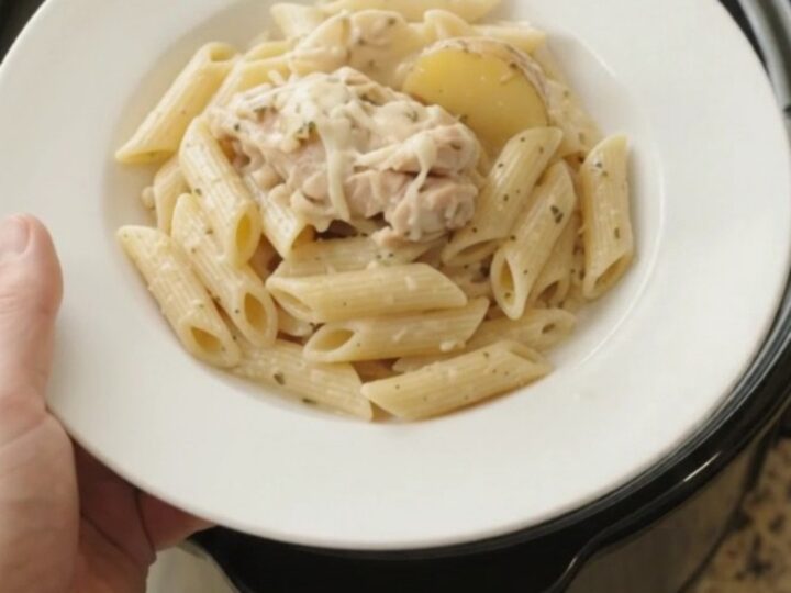 Slow cooker full of creamy mozzarella chicken thighs and baby potatoes with a rich, bubbling sauce