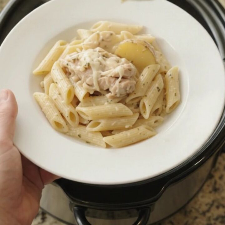 Slow cooker full of creamy mozzarella chicken thighs and baby potatoes with a rich, bubbling sauce