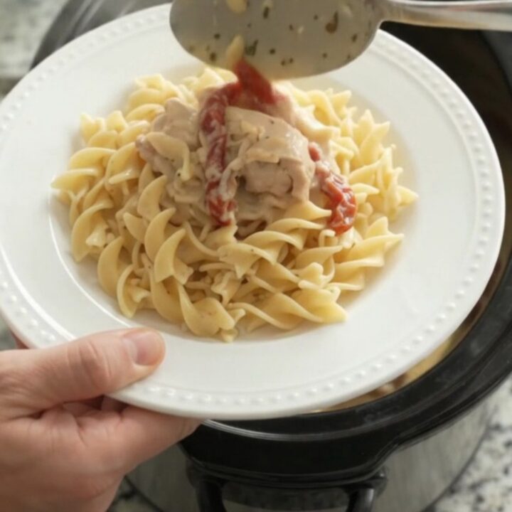 Creamy slow cooker chicken thighs with sun-dried tomatoes and Parmesan sauce, served over buttered noodles