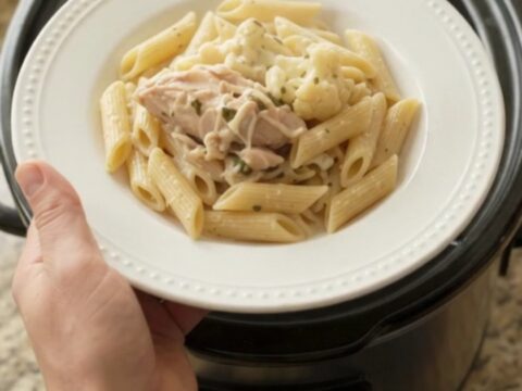 Slow cooker mozzarella cauliflower chicken thighs in a creamy sauce, served on a white plate.