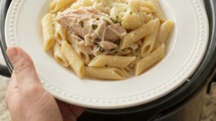 Slow cooker mozzarella cauliflower chicken thighs in a creamy sauce, served on a white plate.