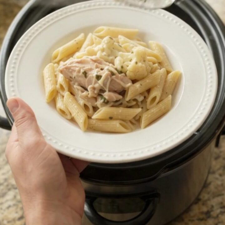Slow cooker mozzarella cauliflower chicken thighs in a creamy sauce, served on a white plate.