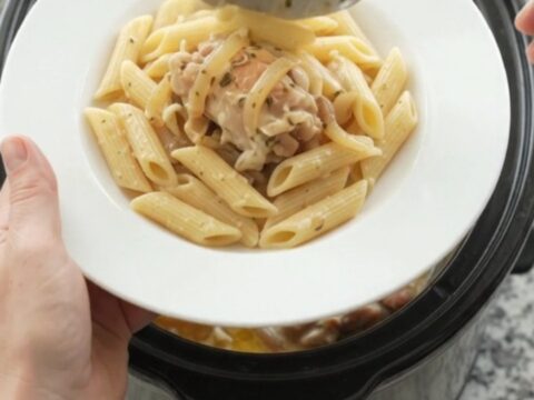 Slow cooker filled with creamy mozzarella French onion chicken, garnished with fresh herbs