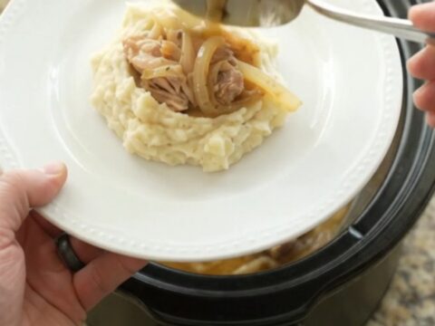 Velvety Swiss French Onion Chicken Thighs in a slow cooker, creamy sauce with caramelized onions
