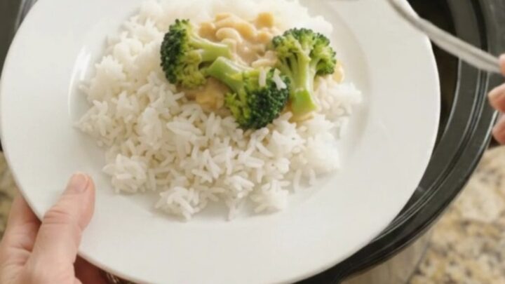 Golden cheddar broccoli chicken tenders in a slow cooker