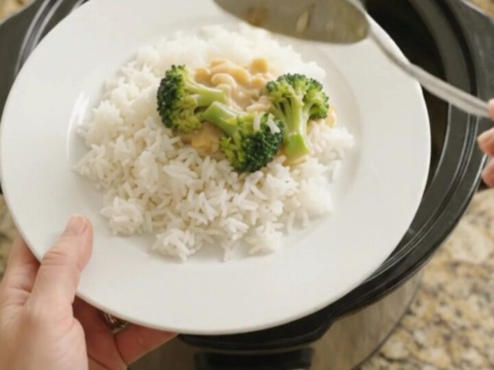 Golden cheddar broccoli chicken tenders in a slow cooker