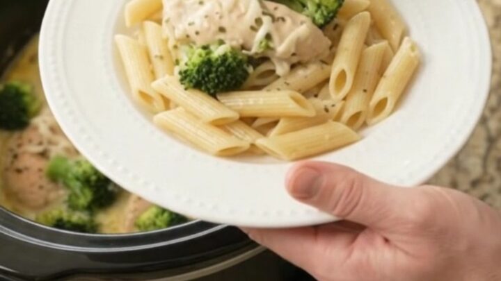 Slow cooker chicken and broccoli in creamy mozzarella sauce