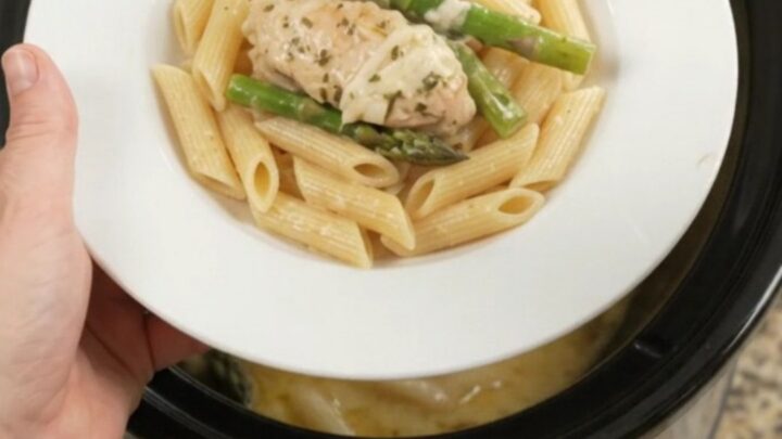 Slow cooker chicken and asparagus in creamy mozzarella sauce