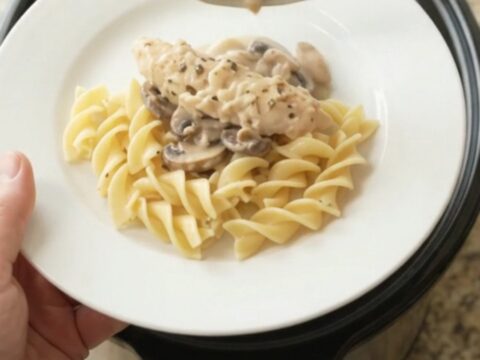 Slow cooker chicken tenders in creamy Parmesan mushroom sauce