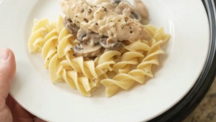 Slow cooker chicken tenders in creamy Parmesan mushroom sauce