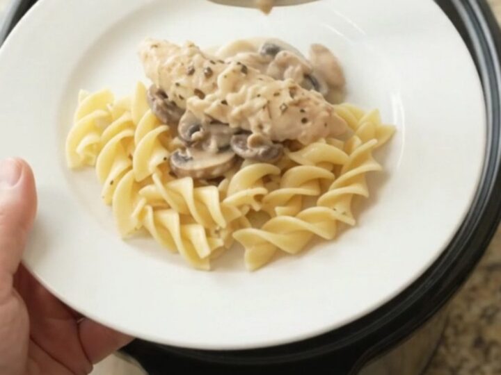 Slow cooker chicken tenders in creamy Parmesan mushroom sauce