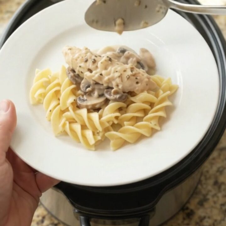 Slow cooker chicken tenders in creamy Parmesan mushroom sauce