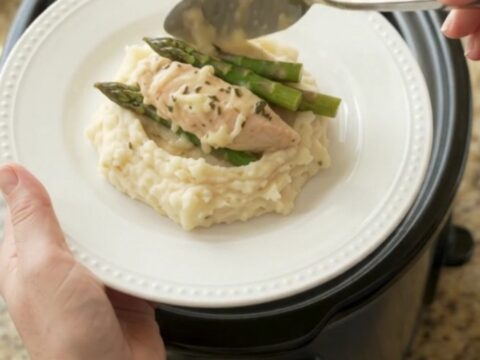 Slow cooker chicken and asparagus in creamy Swiss sauce