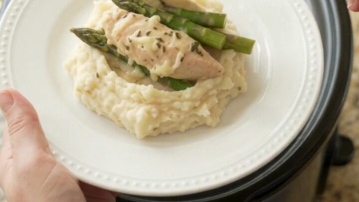Slow cooker chicken and asparagus in creamy Swiss sauce