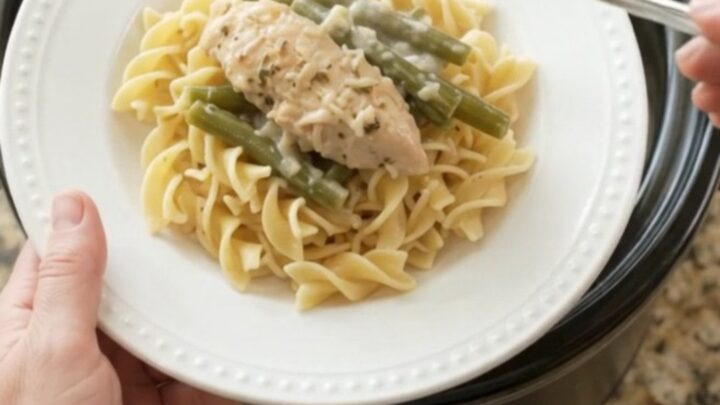 Slow cooker chicken and green beans in creamy Parmesan sauce